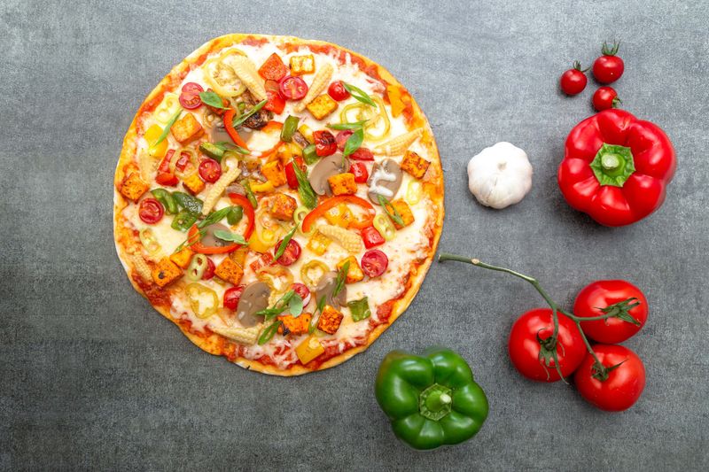 Veggie Harvest Detroit-style pizza with roasted vegetables